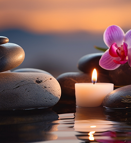 Zen atmosphere with a candle, stones, and flowers, enhancing holistic wellness