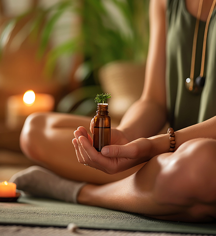 Woman holding essential oil during meditation for mindfulness practice